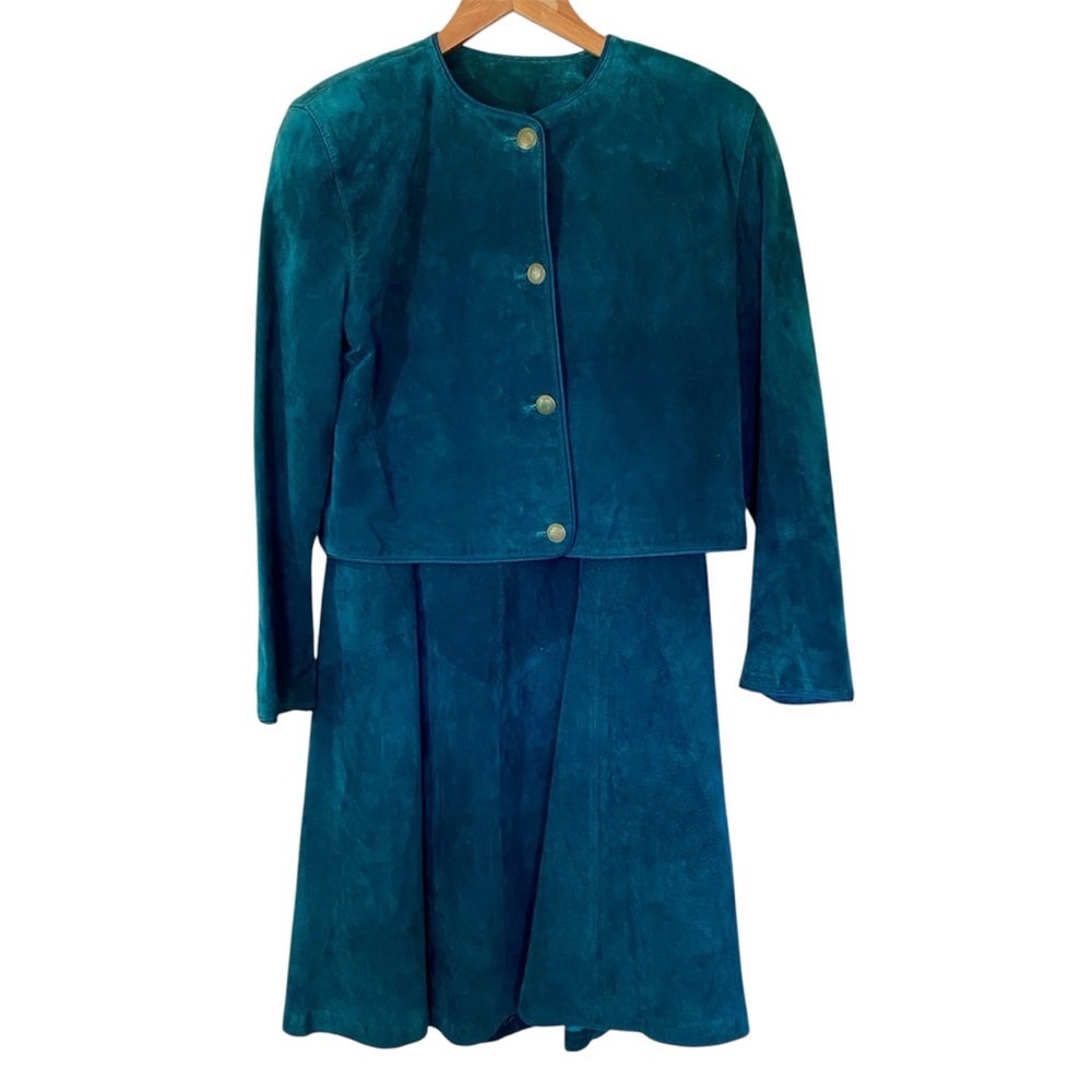 Vintage Suede Teal Women's Jacket & Skirt Set